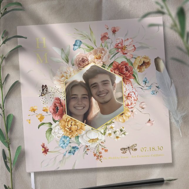 Livre D'or Aquarelle moderne Floral Couple Photo Mariage or (Modern Watercolor Floral Couple Photo Wedding gold foil guestbook

)
