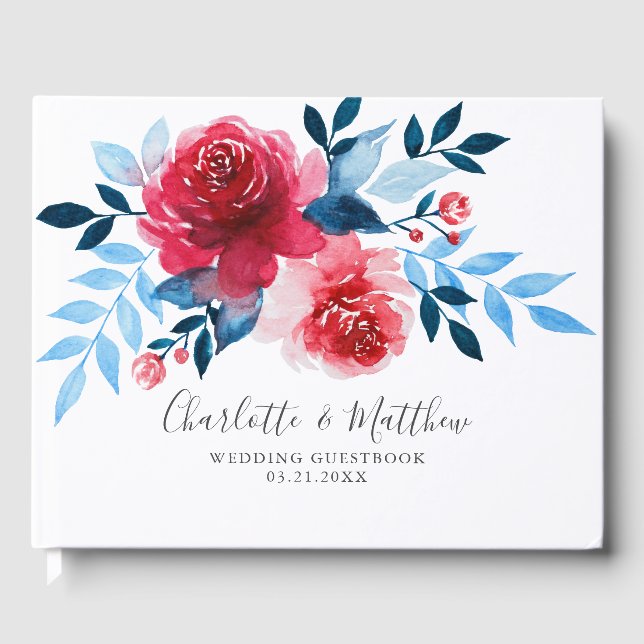Livre D'or Aquarelle moderne Rouge Bleu Floral Mariage (Recto)