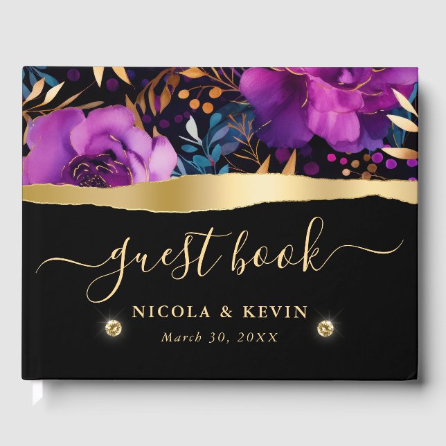 Livre D'or Aquarelle Purple et Fleurs Turquoises Mariage (Recto)