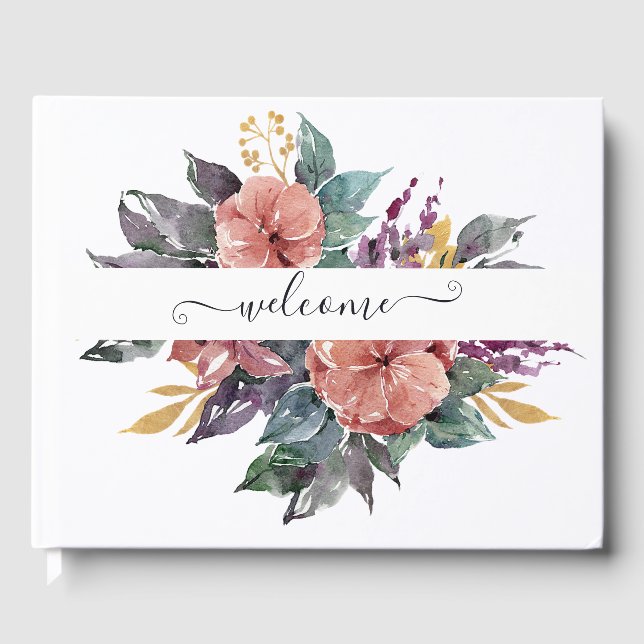 Livre D'or Aquarelle rose et violet florale personnalisée (Recto)
