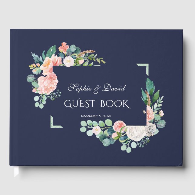 Livre D'or Aquarelle rose Fleurs blanches Mariage cadre vert (Recto)