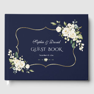 Livre D'or Aquarelle rose Fleurs blanches Mariage cadre vert