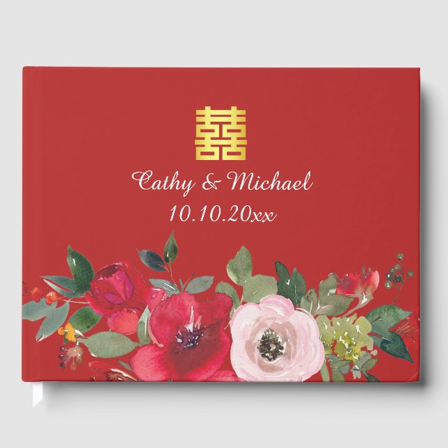 Livre D'or Aquarelle rose rouge floral moderne double bonheur (Recto)