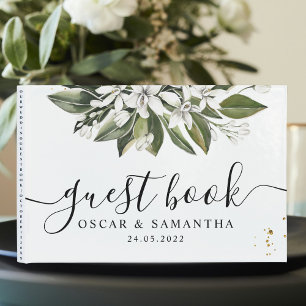 Livre D'or Aquarelle tendance Fleurs blanches & Feuilles
