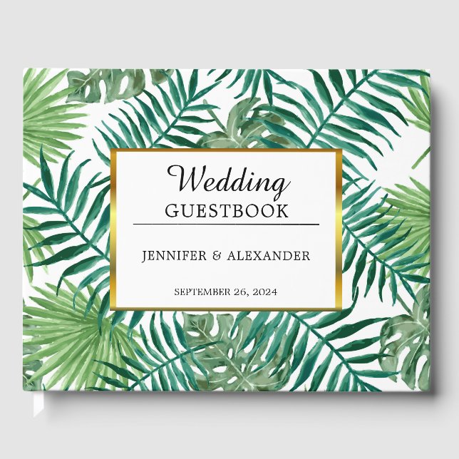 Livre D'or Aquarelle tropicale feuilles or élégant mariage (Recto)