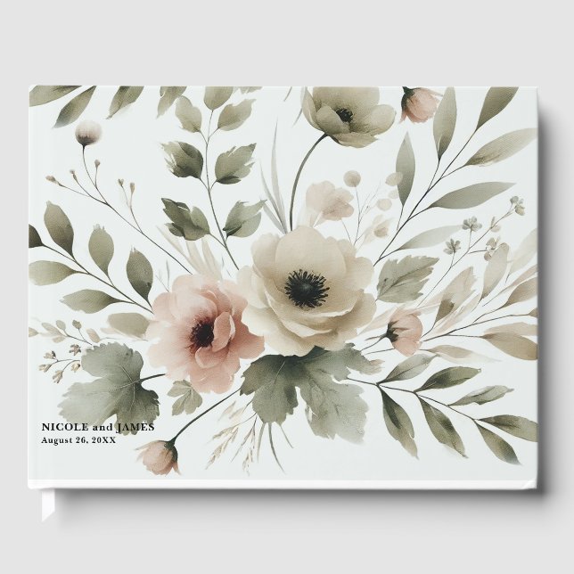 Livre D'or Aquarelle vert d'olive kaki Mariage de fleurs (Recto)