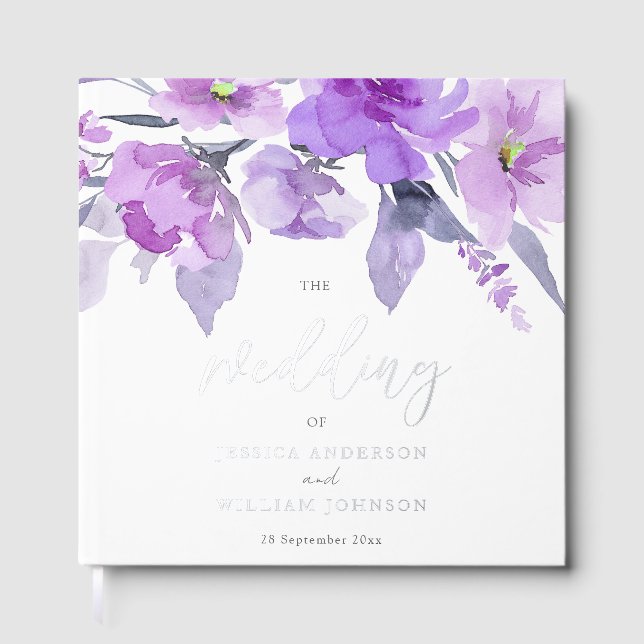 Livre D'or Aquarelle violette Floral Mariage à huile d'argent (Recto)