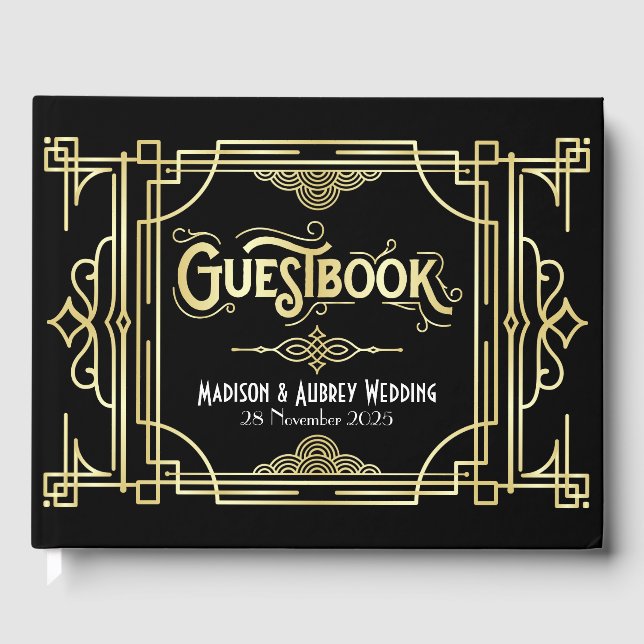 Livre D'or Art Déco Elegant Gold Black Gatsby 1920 Mariage (Recto)