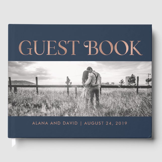 Livre D'or Art Déco Faux Rose Gold sur Navy | Mariage photo (Recto)
