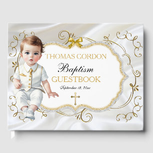 Livre D'or Baby Boy Baptism Christening White & Gold Cross
