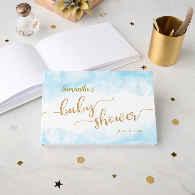 Livre D'or Baby shower bleu aquarelle et Parties scintillant  (Recto ouvert)