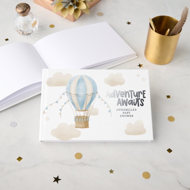 Livre D'or Baby shower bleu montgolfière aventure (Recto ouvert)