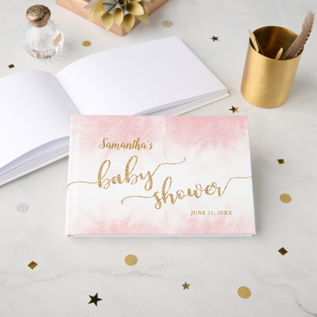 Livre D'or Baby shower d'aquarelle rose Parties scintillant o (Recto ouvert)