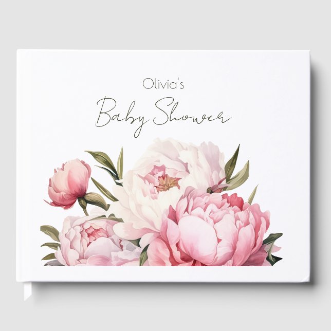 Livre D'or Baby shower FLORALE SUBTILE PEONIES ROSES BLANCHES (Recto)