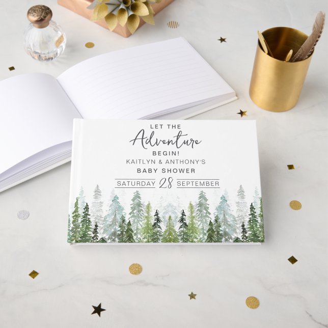 Livre D'or Baby shower forestier de pins d'aquarelle (Recto ouvert)