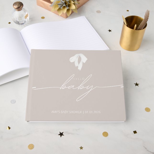 Livre D'or Baby shower moderne Dusty Blush Bow (Recto ouvert)