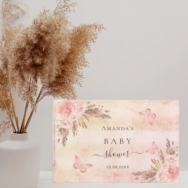 Livre D'or Baby shower pampas herbe rose papillons d'or (Créateur téléchargé)