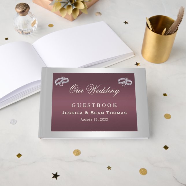 Livre D'or Bagues argentées et Mariage Burgandy (Recto ouvert)