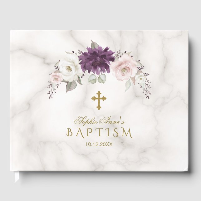 Livre D'or Baptême de luxe Lavender Blush Floral Cross Marbre (Recto)