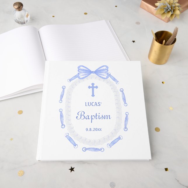 Livre D'or Baptême du cadre de ruban bleu (Recto ouvert)