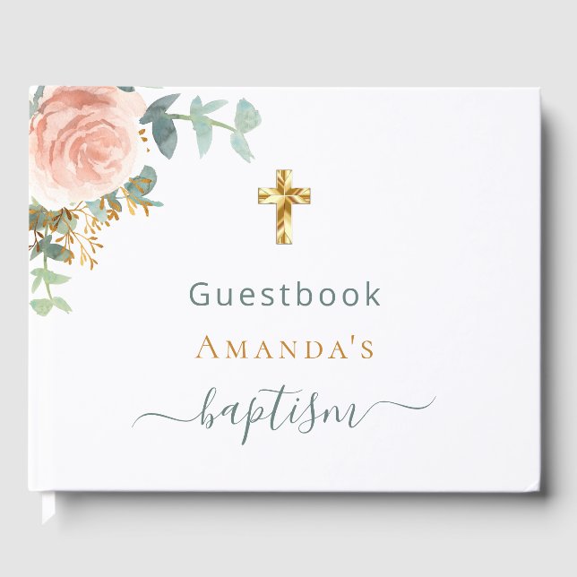 Livre D'or Baptême eucalyptus rose floral fille personnalisée (Recto)