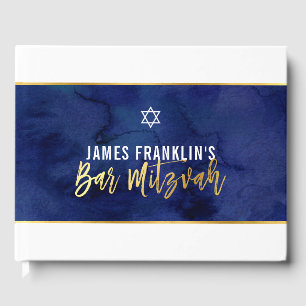 Livre D'or BAR MITZVAH moderne bleu aquarelle or écriture