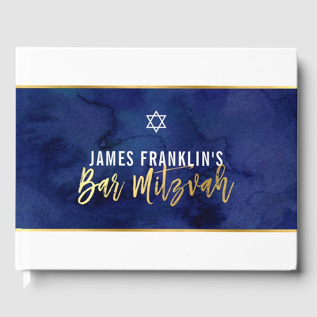 Livre D'or BAR MITZVAH moderne bleu aquarelle or écriture (Recto)