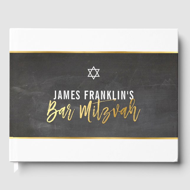 Livre D'or BAR MITZVAH moderne gris tableau noir or écriture (Recto)