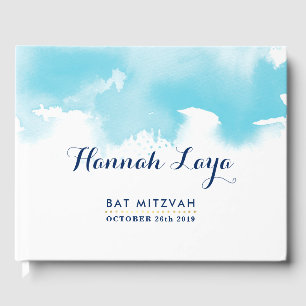 Livre D'or BAT MITZVAH moderne jolie aquarelle bleu marine