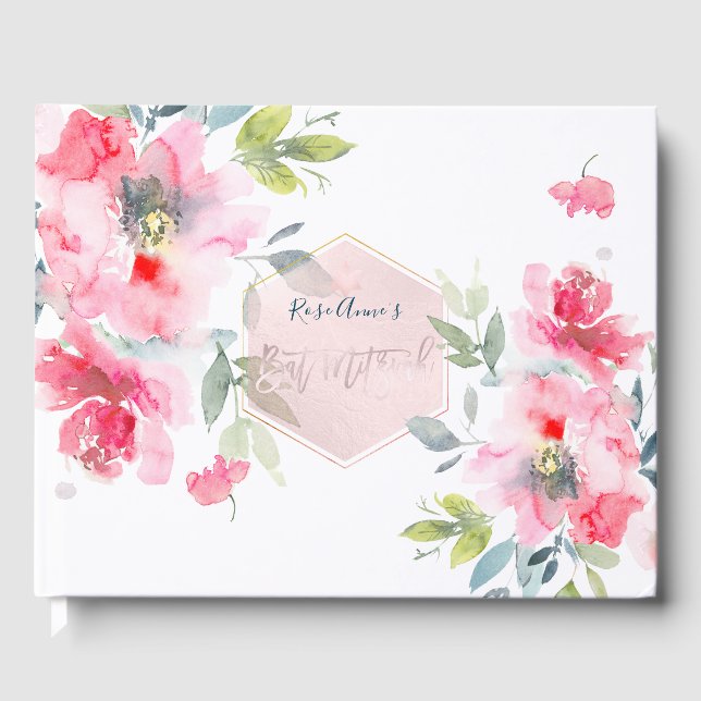 Livre D'or Bat mitzvah Rose PixDezines Aquarelle rouge Ombre (Recto)