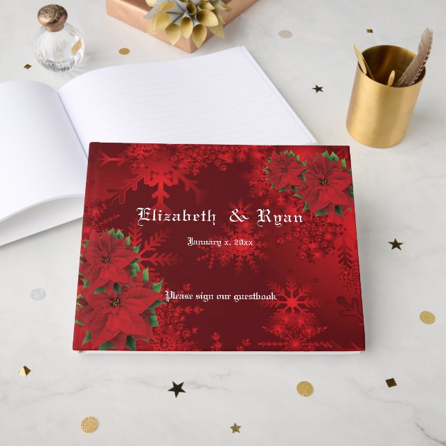 Livre D'or Beau Noël Rouge Poinsettia et Snowflakes (Recto ouvert)