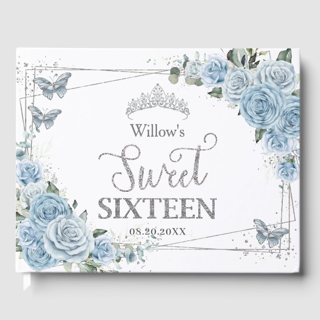 Livre D'or Bébé Bleu Floral Papillons Sweet sixteen argent (Recto)