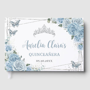 Livre D'or Bébé Blue Floral Papillons Silver Quinceañera