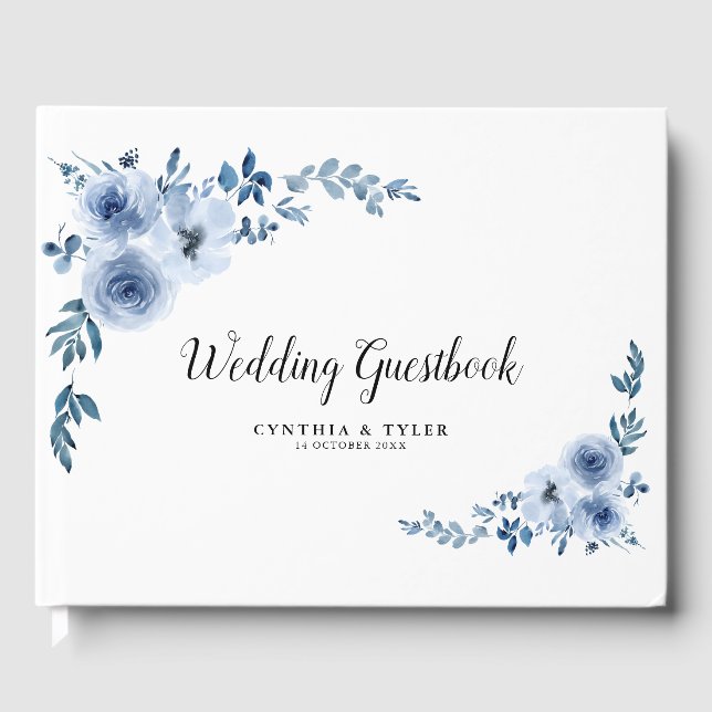 Livre D'or belle aquarelle fleurie bleu mariage (Recto)