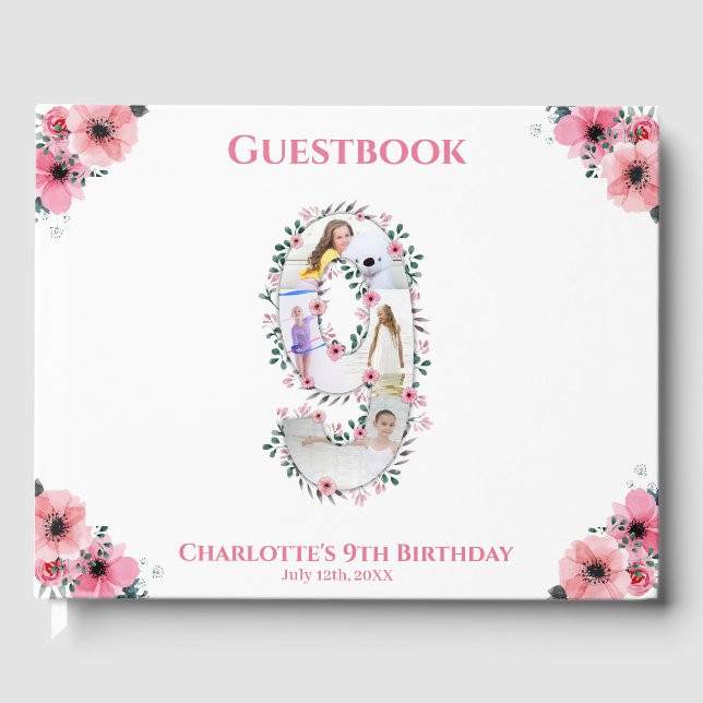 Livre D'or Big 9th Birthday Photo Collage Flower Girl White (Recto)