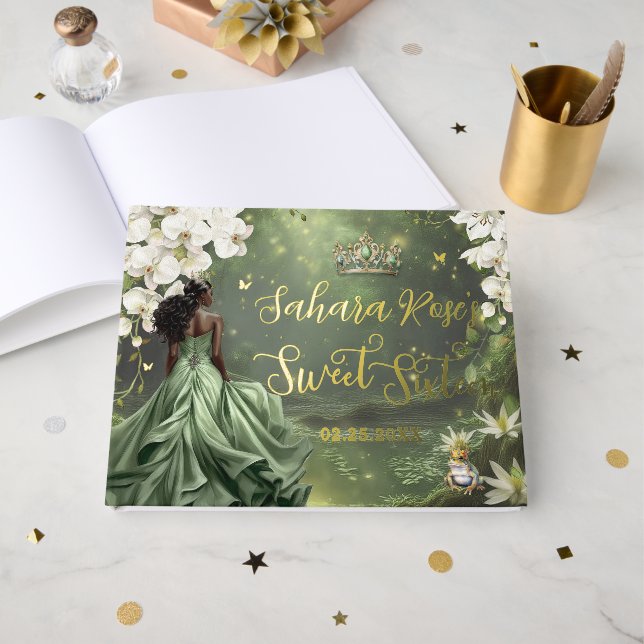 Livre D'or Black Princess and Frog Sage Green Dress Sweet 16  (Recto ouvert)