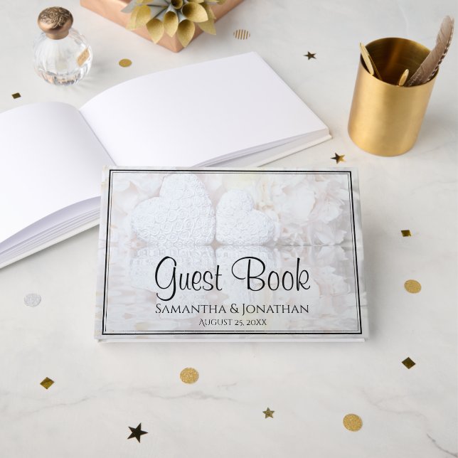 Livre D'or Blanc Reflet Peonies & Coeurs Mariage élégant (Recto ouvert)