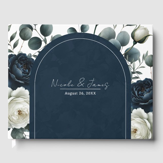 Livre D'or Bleu foncé et blanc Moderne Floral Mariage (Recto)