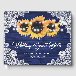 Livre D'or Bleu Nuit Bois Floral Dentelle Soleil Mariage