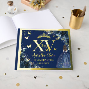 Livre D'or Bleu Nuit Floral Quinceañera Quince XV 15 Or