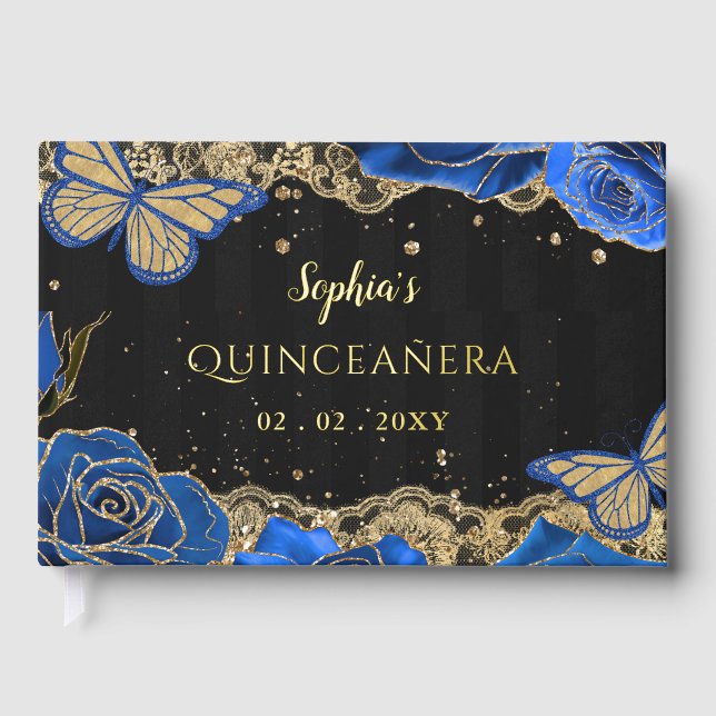 Livre D'or Bleu Rose Black Gold dentelle papillon Quinceañera (Recto)