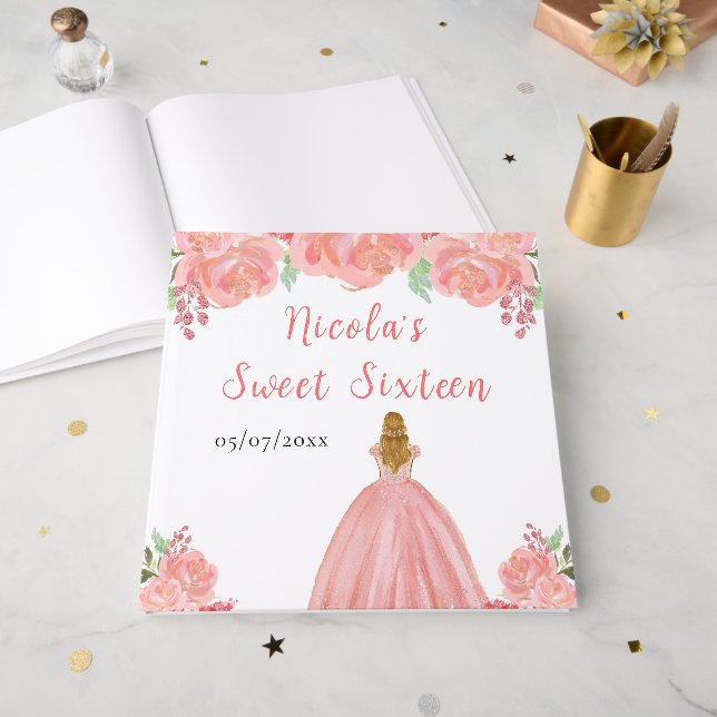 Livre D'or Blonde Hair Princess Pink Sweet 16 Guest Book (Recto ouvert)