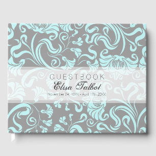 Livre D'or Blue Grey Floral Motif Damask Funeral Guest Book