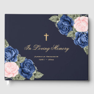 Livre D'or Blue Rose Roses Gold Cross Floral Memorial Funérai