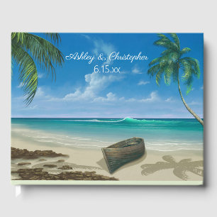 Livre D'or Blue Tropical Ocean Beach Bateau Palm Trees Mariag