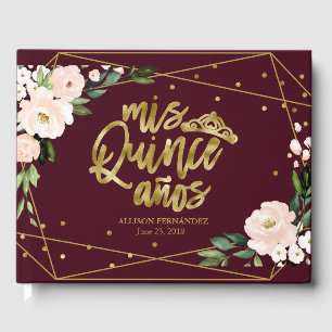 Livre D'or Blush Bourguignon Floral Quinceanera Feuille D'or
