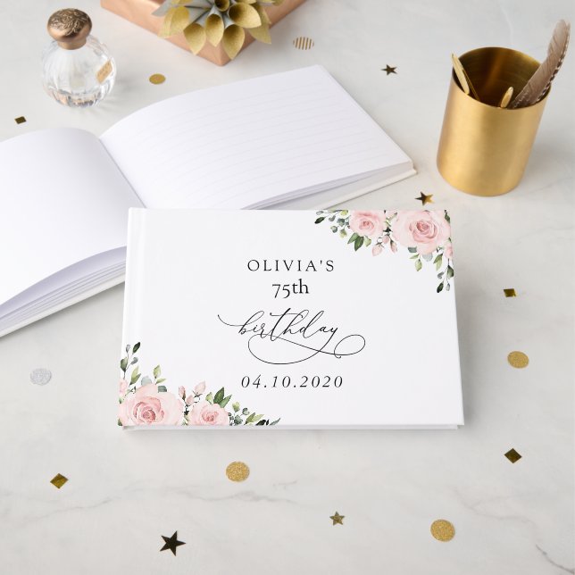Livre D'or Blush Flowers, Pink Flowers, Greenery, Birthday (Recto ouvert)