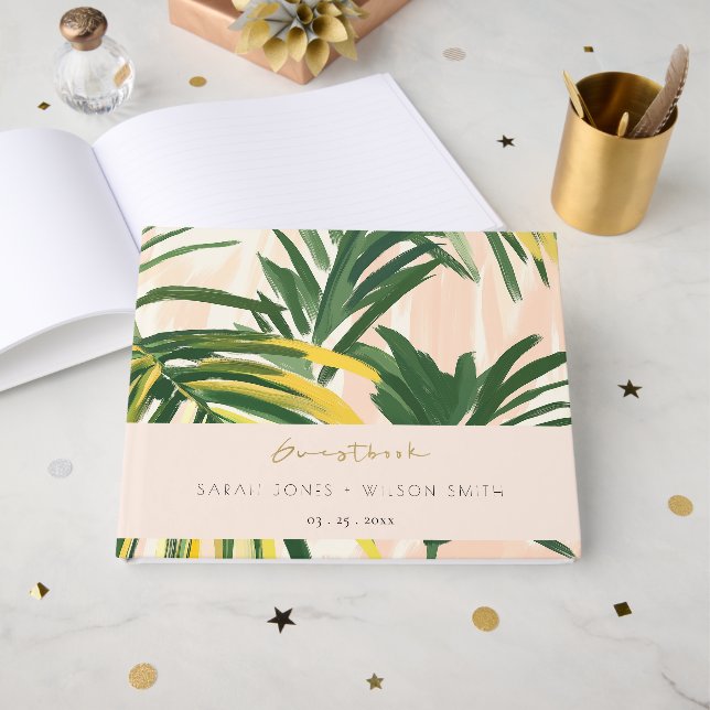 Livre D'or Boho Blush Green Tropical Palm Beach Mariage (Recto ouvert)