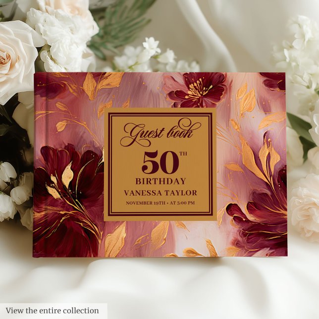Livre D'or Boho classique Bourgogne Blush Gold Flowers 50e (Classic Boho Burgundy Blush Gold Flowers 50th Day)