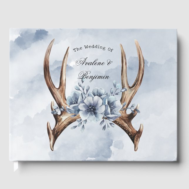 Livre D'or Boho Deer Antler avec Mariage Floral bleu (Recto)